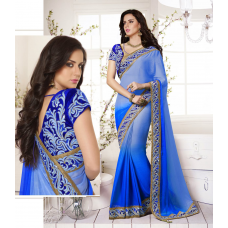 Luxurious Blue Colored Embroidered Faux Chiffon Saree